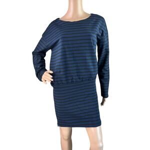 New Kenar Women Blue Black Stripes Long Sleeves Boat Neck Blouson Dress Size M